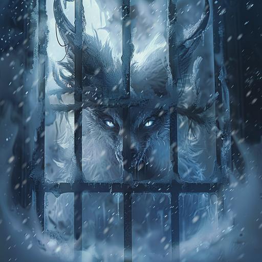 the female child of the goddess of snow and darkness and the god of frost giants in the form of an enormous horned humanoid arctic fox raging, just barely visible behind a blizzard, trapped in a frozen ancient prison cell, retro fantasy anime art style