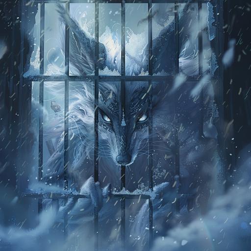 the female child of the goddess of snow and darkness and the god of frost giants in the form of an enormous horned humanoid arctic fox raging, just barely visible behind a blizzard, trapped in a frozen ancient prison cell, retro fantasy anime art style