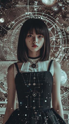 the female is asian blond hair, in the style of horror academia, uniformly staged images, aurorapunk, silver, oriental ism, schoolgirl lifestyle, 32k uhd, a very strong fan of the heliocentric system:: lady wearing a dress dressed in leather, with the heliocentric system engraved on the front , in the style of hideyuki kikuchi, schoolgirl lifestyle, white and black, linnea strid, restrained serenity, academic, shin:: girl wearing a tie and a black midi dress, in the style of oriental ism, schoolgirl lifestyle, with the heliocentric system engraved on the front:: a woman wearing a black and white fitted skirt, in the style of oriental ism, schoolgirl lifestyle, kim jung gi, uniformly staged images, helene knoop, shiny eyes, cabincore, with the heliocentric system engraved on the front --ar 71:128 --v 6.0 --style raw