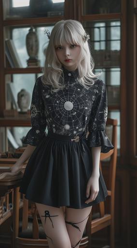 the female is asian blond hair, in the style of horror academia, uniformly staged images, aurorapunk, silver, oriental ism, schoolgirl lifestyle, 32k uhd, a very strong fan of the heliocentric system:: lady wearing a dress dressed in leather, with the heliocentric system engraved on the front , in the style of hideyuki kikuchi, schoolgirl lifestyle, white and black, linnea strid, restrained serenity, academic, shin:: girl wearing a tie and a black midi dress, in the style of oriental ism, schoolgirl lifestyle, with the heliocentric system engraved on the front:: a woman wearing a black and white fitted skirt, in the style of oriental ism, schoolgirl lifestyle, kim jung gi, uniformly staged images, helene knoop, shiny eyes, cabincore, with the heliocentric system engraved on the front --ar 71:128 --v 6.0