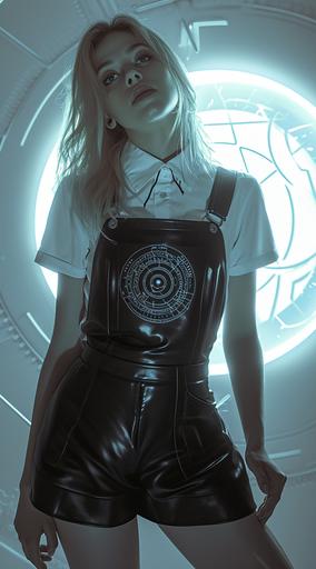 the female is asian blond hair, in the style of horror academia, uniformly staged images, aurorapunk, silver, oriental ism, schoolgirl lifestyle, 32k uhd, a very strong fan of the heliocentric system:: lady wearing a dress dressed in leather, with the heliocentric system engraved on the front , in the style of hideyuki kikuchi, schoolgirl lifestyle, white and black, linnea strid, restrained serenity, academic, shin:: girl wearing a tie and a black midi dress, in the style of oriental ism, schoolgirl lifestyle, with the heliocentric system engraved on the front:: a woman wearing a black and white fitted skirt, in the style of oriental ism, schoolgirl lifestyle, kim jung gi, uniformly staged images, helene knoop, shiny eyes, cabincore, with the heliocentric system engraved on the front --ar 71:128 --v 6.0