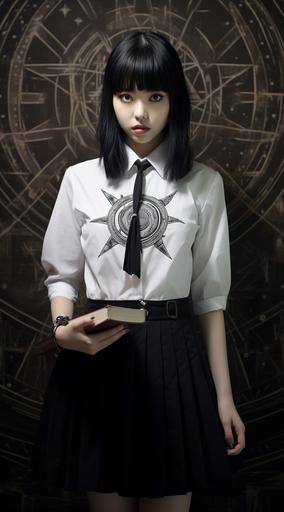 the female is asian blond hair, in the style of horror academia, uniformly staged images, aurorapunk, silver, oriental ism, schoolgirl lifestyle, 32k uhd, a very strong fan of the heliocentric system:: lady wearing a dress dressed in leather, with the heliocentric system engraved on the front , in the style of hideyuki kikuchi, schoolgirl lifestyle, white and black, linnea strid, restrained serenity, academic, shin:: girl wearing a tie and a black midi dress, in the style of oriental ism, schoolgirl lifestyle, with the heliocentric system engraved on the front:: a woman wearing a black and white fitted skirt, in the style of oriental ism, schoolgirl lifestyle, kim jung gi, uniformly staged images, helene knoop, shiny eyes, cabincore, with the heliocentric system engraved on the front --ar 71:128 --v 5.2 --style raw --s 76