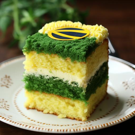 the flag of Brazil as a delicious matcha green tea sponge cake, cookery show style, photorealistic