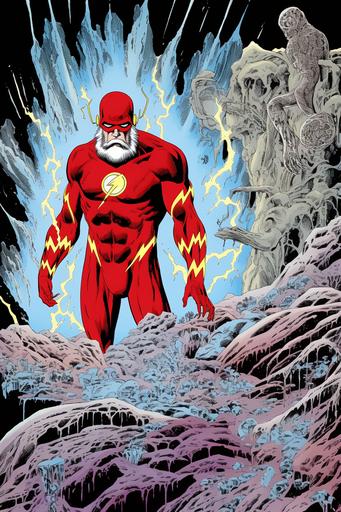 the flash mistakenly teleports to the precambrian age, faces attack of giant primordial trilobyte, john byrne, stylish comic panels, exclamation, full color, superfine details, clean lines, --ar 2:3