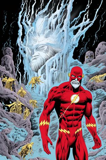 the flash mistakenly teleports to the precambrian age, faces attack of giant primordial trilobyte, john byrne, stylish comic panels, exclamation, full color, superfine details, clean lines, --ar 2:3