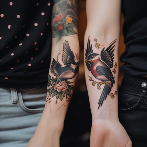 the forearm of a woman with an old school swallow tattoo next to the forearm of a man with an old school swallow tattoo --v 5