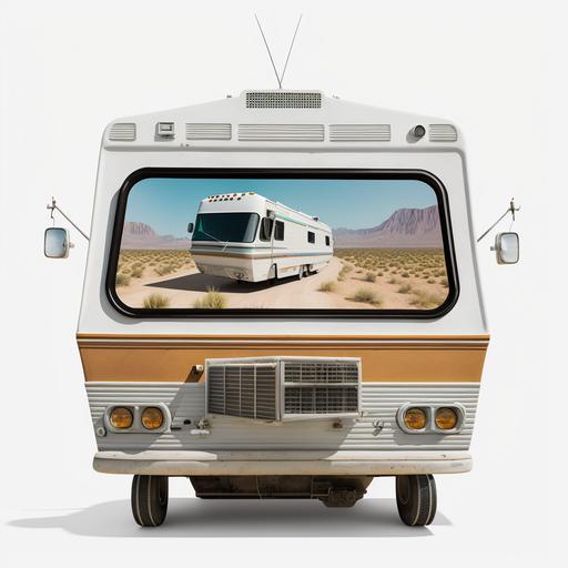 the front windshield of an retro RV. The front windshield is a large television screen. inside the television is TV static. white background.