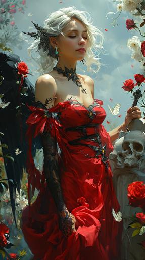 the full body Gorgeous Stunningly Beautiful Lady Death Ninja Angel Assassin with bat wings Queen Goddess of Ravens , Skulls and Flowers playing with jeweled swords made of diamonds with an Epic full moon in the bckground by Peter mohrbacher, James Jean, Julie Bell and Rob Hefferan hyper realistic, stardust in atmosphere, black, purple, red rose petals , realistic hair, high quality printing, fine art, photorealistic Grogeous Silver haired woman dressed in red, black, purple , and maroon and holding a intracate diamond, in the style of light silver and light azure, meiji art, 32k uhd, baroque exaggeration, villagecore, transfixing Graveyard tall tombstones made of crystal scenes, translucent overlapping photorealistic White Skulls with swirling smoke and glowing eyes with bat wings with flowing dress standing in a fantasy graveyard with tall angelic tombstones surrounded by magical fireflies, full body length, hyperdetailed, haunting, magical, painted by artgerm and tom bagshaw and karol bak, rich vibrant and opalescent colors surrounded by butterflies, fireflies, gorgeous flowers, rich vibrant colors, made of dreams in a magical rural enchanted Graveyard --ar 9:16 --stylize 750 --v 6.0