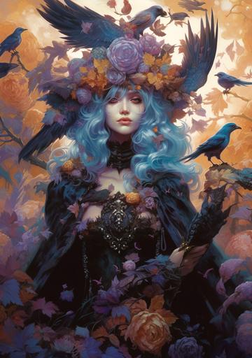 the full body Halloween themed Gorgeous Stunningly Beautiful Lady Death Ninja Angel Assassin sengoku jidai, Queen Goddess of Ravens , Skulls and Flowers, by Peter mohrbacher, James Jean, Julie Bell and Rob Hefferan hyper realistic, stardust in atmosphere, black, purple, flowers, realistic hair, high quality printing, fine art, photorealistic, in the style of light silver and light azure, meiji art, 32k uhd, baroque exaggeration, villagecore, transfixing marine scenes, translucent overlapping photorealistic White Skulls with swirling smoke and glowing eyes with bat wings with flowing dress standing in a fantasy graveyard with tall angelic tombstones surrounded by magical fireflies, full body length, hyperdetailed, haunting, magical, painted by artgerm and tom bagshaw and karol bak, rich vibrant and opalescent colors surrounded by butterflies, fireflies, gorgeous flowers, rich vibrant colors, made of dreams in a magical rural enchanted forest stargazing gorgeous rich colors index of refraction --ar 14:20 --v 5 --s 1000