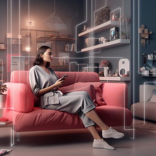 the future of ecommerce where a woman sits relaxed on her couch and shops for clothing with the help of AR and Mixed reality technologies