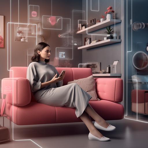 the future of ecommerce where a woman sits relaxed on her couch and shops for clothing with the help of AR and Mixed reality technologies