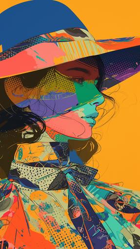 the girl in the hat wears a colorful hat that has heart in the middle of it, in the style of halftone pop art-inspired collages, baroque-influenced drama, fantastical otherworldly visions, bold line work, use of vintage imagery, collaged, fluorescent colors --ar 9:16 --niji 6