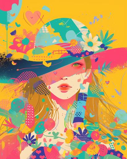 the girl in the hat wears a colorful hat that has heart in the middle of it, in the style of halftone pop art-inspired collages, baroque-influenced drama, fantastical otherworldly visions, bold line work, use of vintage imagery, collaged, fluorescent colors --ar 4:5 --niji 6