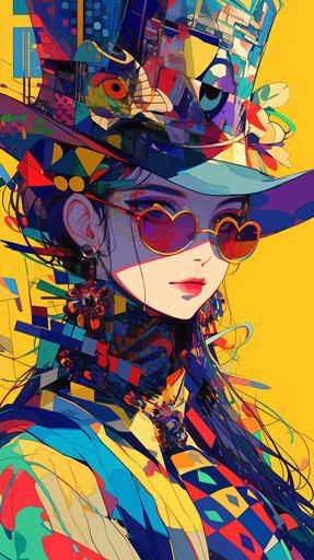 the girl in the hat wears a colorful hat that has heart in the middle of it, in the style of halftone pop art-inspired collages, baroque-influenced drama, fantastical otherworldly visions, bold line work, use of vintage imagery, collaged, fluorescent colors --ar 9:16 --niji 6