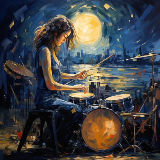 the girl, paly vitual drums whit stick, in to canvace the starry night painting, van gogh style, on stage --s 250