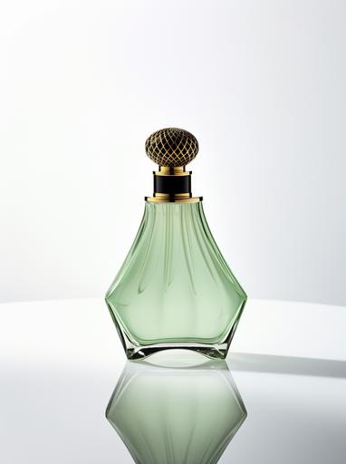 the gold perfume bottle on white background, in the style of light green and black, spiritualcore, soft mist, shin hanga, toning technique, iso 200, cleancore --ar 92:123