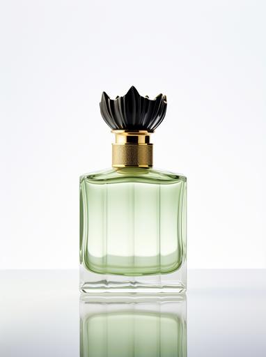 the gold perfume bottle on white background, in the style of light green and black, spiritualcore, soft mist, shin hanga, toning technique, iso 200, cleancore --ar 92:123