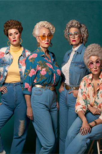 the golden girls modeling the most fashionable 1980's acid wash mom jeans --ar 2:3 --s 350 --no hands, text, words, border, frame --v 4