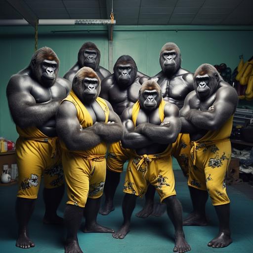 a group of anthromorphic silverback gorillas wearing colorful speedo swimsuits posing for a picture in an old school Jiu-jisu/Judo dojo, 8k, ultra detailed ultra realistic, style printed photo