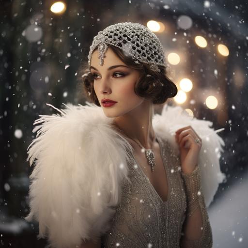 the great gatsby style woman like daisy with white sequined dress and with feather in headband in winter ball