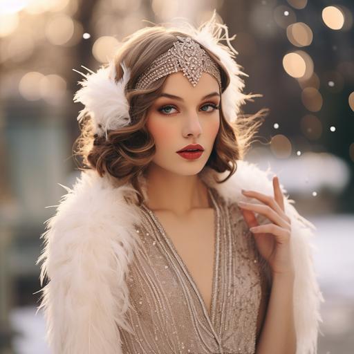 the great gatsby style woman with straight hair like daisy with beige sequined dress and with feather in headband in winter morning prom