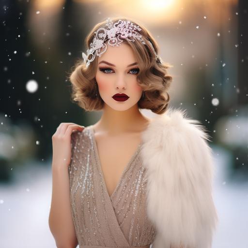 the great gatsby style woman with straight hair like daisy with beige sequined dress and with feather in headband in winter morning prom