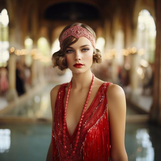the great gatsby style woman with straight styled hair with red sequined dress and with beaded headband in summer retro party in palace