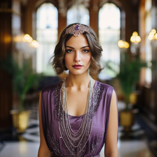 the great gatsby style woman with straight styled hair with purple sequined dress and with beaded headband in summer retro party in palace