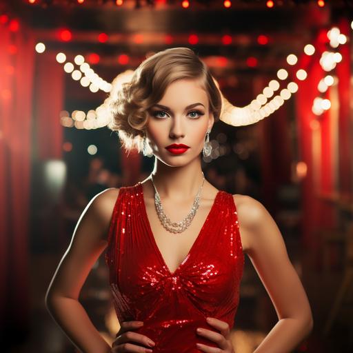 the great getsby style woman with red sequined dress and with choker headband with hanging beads in retro party