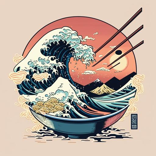 the great wave off kanagawa, water as ramen noodles, cartoon style