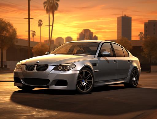 the grey bmw m5 parked in a city park at sunset, in the style of phil jimenez, desertwave, auto body works, xbox 360 graphics --ar 4:3