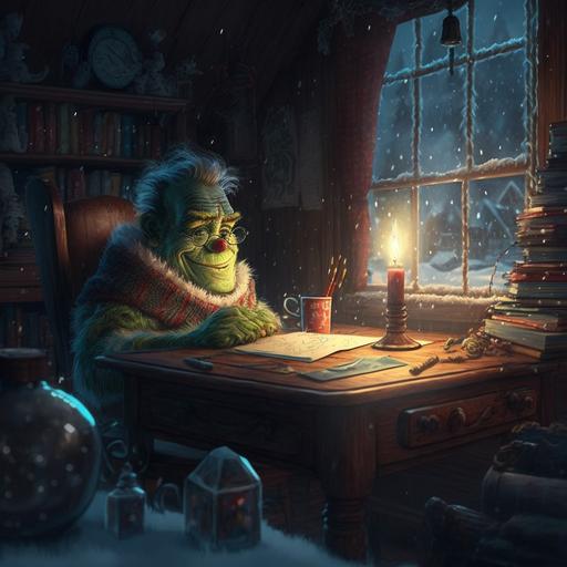 the grinch sitting at the desk at his cosy wooden cabon. a lit candle is visible on the table, piles of old books laying around, you can see a snow blizzard from the cabins window. super detailed festive --v 4 --q 2