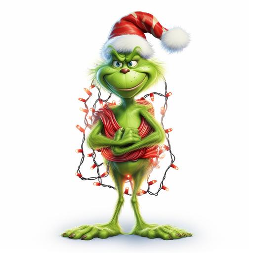 the grinch skinny fully body cartoon style wrapped in christmas lights, vivid colors , animated, very detailed, different expressions on his face, on white background