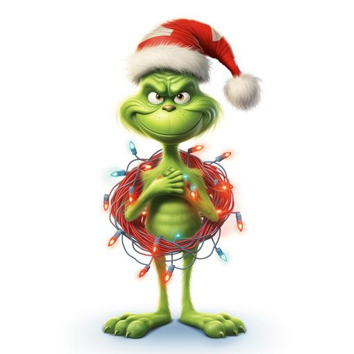 the grinch skinny fully body cartoon style wrapped in christmas lights, vivid colors , animated, very detailed, different expressions on his face, on white background