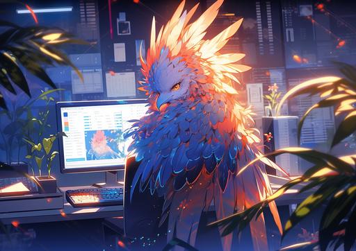 the handsome office horus in vibrant blue orange and pink sunlight chrysanthemum pattern, black light synthcore --ar 7:5 --s 1000 --niji 5