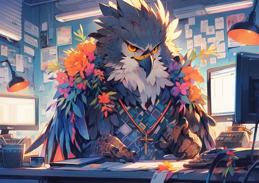 the handsome office horus in vibrant blue orange and pink sunlight chrysanthemum pattern, black light synthcore --ar 7:5 --s 1000 --niji 5