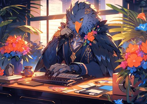 the handsome office horus in vibrant blue orange and pink sunlight chrysanthemum pattern, black light synthcore --ar 7:5 --s 1000 --niji 5