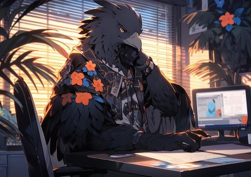 the handsome office horus in vibrant blue orange and pink sunlight chrysanthemum pattern, black light synthcore --ar 7:5 --s 1000 --niji 5