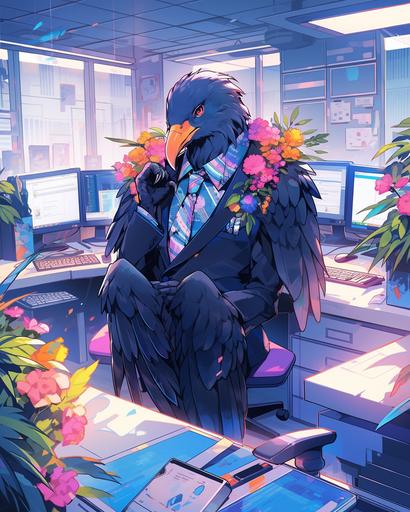 the handsome office horus loitering ghost in vibrant blue orange and pink sunlight chrysanthemum pattern, black light vaporwave synthcore --ar 4:5 --s 1000 --niji 5