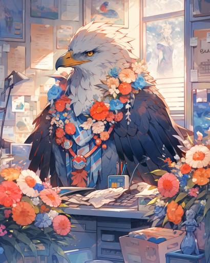 the handsome office horus loitering ghost in vibrant blue orange and pink sunlight chrysanthemum pattern, synthcore --ar 4:5 --s 1000 --niji 5