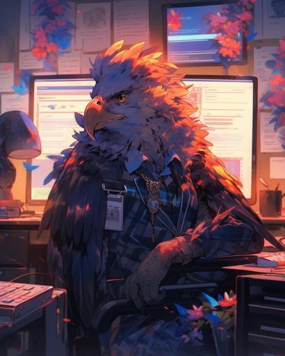 the handsome office horus loitering ghost in vibrant blue orange and pink sunlight chrysanthemum pattern, black light anaglyph synthcore --ar 4:5 --s 1000 --niji 5