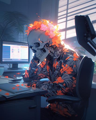 the handsome office horus loitering ghost in vibrant blue orange and pink sunlight chrysanthemum pattern, black light vaporwave synthcore --ar 4:5 --s 1000 --niji 5