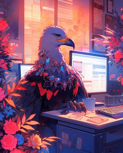 the handsome office horus loitering ghost in vibrant blue orange and pink sunlight chrysanthemum pattern, black light anaglyph synthcore --ar 4:5 --s 1000 --niji 5