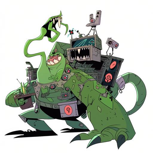 the hermit green cartoon character, with the ogre, worm monster and eye, in the style of toonami, futuristic and edgy, austin briggs, full body, tex avery, marvel comics, robotics kids, --niji 5