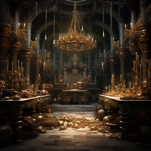 the hobbit - dwarven hall - treasure hoard - golden goblets, necklaces, harps, crowns, jewelry, swords, shields - epic fantasy video game style