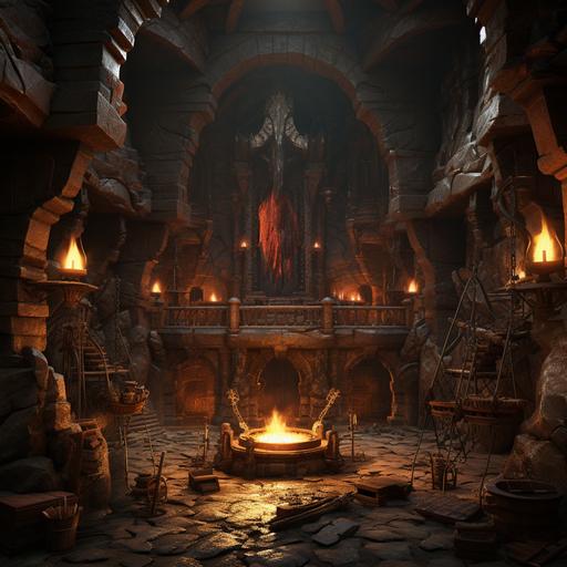 the hobbit - dwarven mines and forge and anvil with fireplace - weapons, axes, swords, picks, hammers - epic fantasy video game style