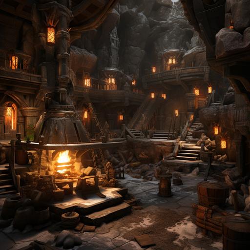 the hobbit - dwarven mines and forge and anvil with fireplace - weapons, axes, swords, picks, hammers - epic fantasy video game style
