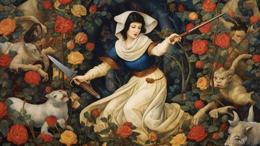 the holy divine snowwhite fighting against the wall of roses, medieval painting --ar 16:9 --v 5.1