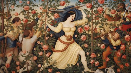 the holy divine snowwhite fighting against the wall of roses, medieval painting --ar 16:9 --v 5.1