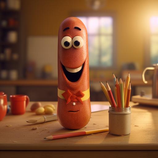 the hot dog from the movie sausage party, but instead of a hotdog it is a wooden pencil and it's cute